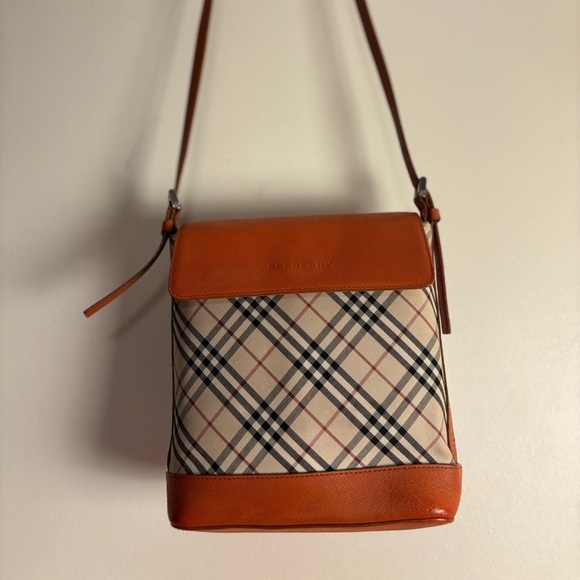Burberry Handbags - BURBERRY Vintage Nova Check Crossbody Bag in Canvas w/ Orange Leather Trim